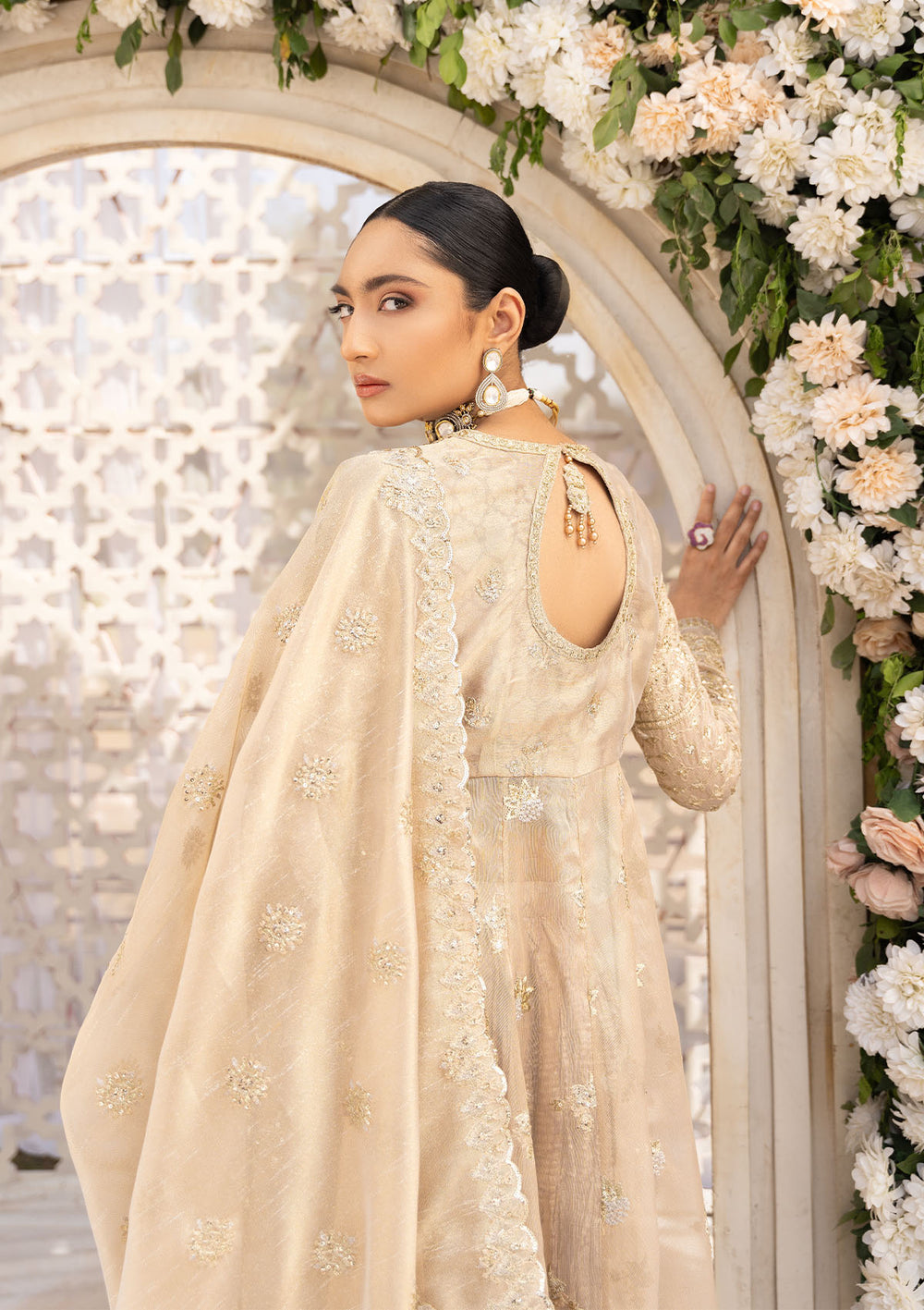 Aik Atelier Formals Vol-1 24 Look 6 - Light Gold Pakistani Dress with intricate embroidery and embellishments. Shop elegant Asian dresses at Maria Faisal.