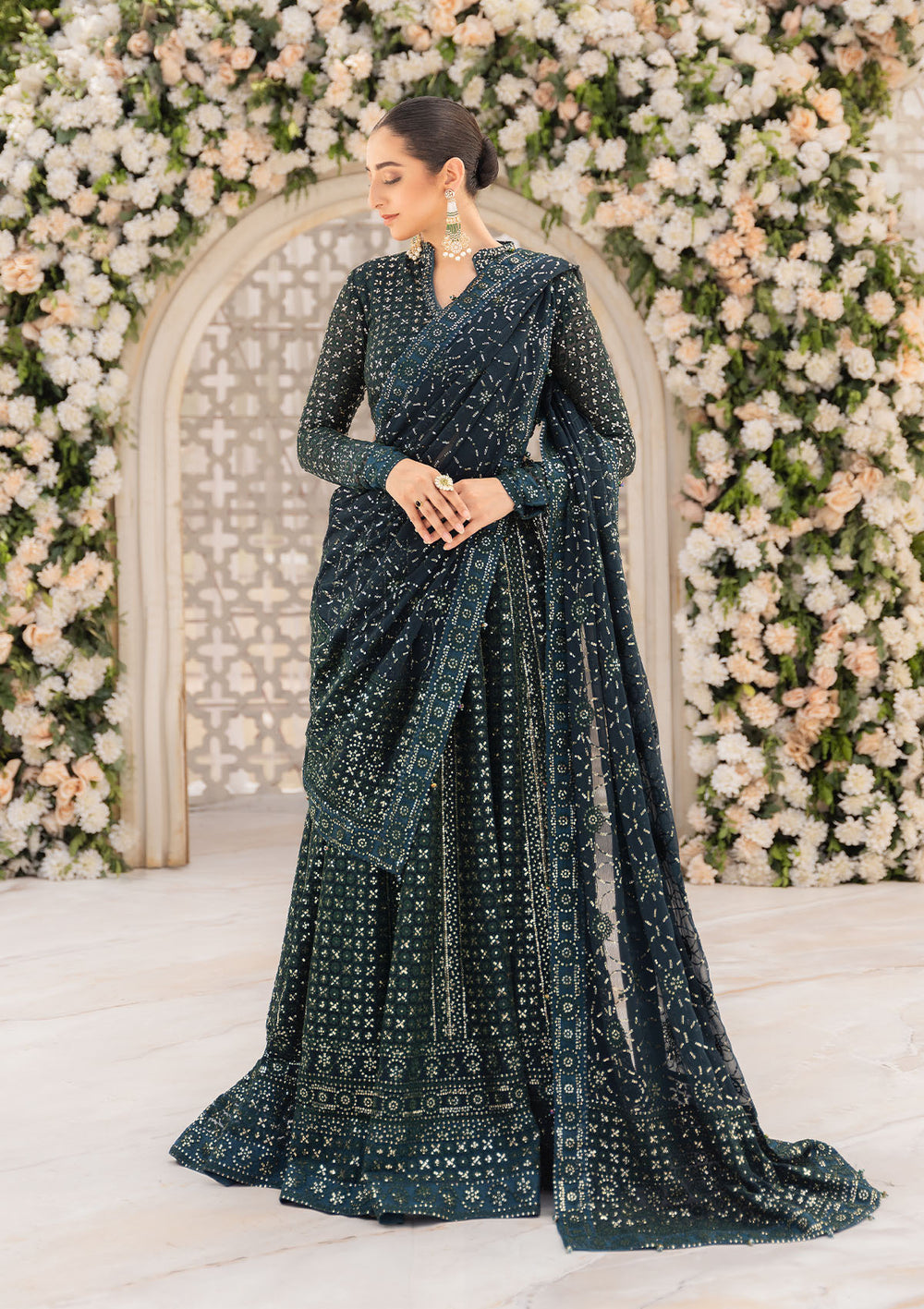 Aik Atelier Formals Vol-1 24 Look 1 – Bottle Green Pakistani Dress with intricate embroidery and embellishments. Shop elegant Asian dresses at Maria Faisal.