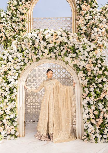 Aik Atelier Formals Vol-1 24 Look 6 - Light Gold Pakistani Dress with intricate embroidery and embellishments. Shop elegant Asian dresses at Maria Faisal.