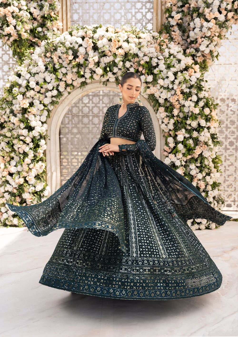 Aik Atelier Formals Vol-1 24 Look 1 – Bottle Green Pakistani Dress with intricate embroidery and embellishments. Shop elegant Asian dresses at Maria Faisal.