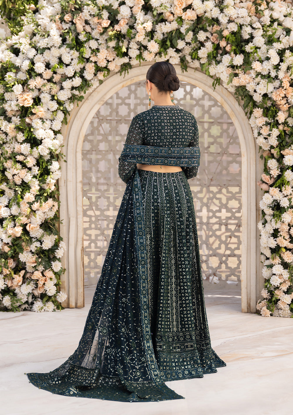 Aik Atelier Formals Vol-1 24 Look 1 – Bottle Green Pakistani Dress with intricate embroidery and embellishments. Shop elegant Asian dresses at Maria Faisal.