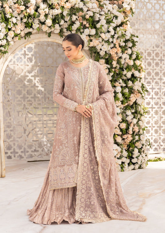 Aik Atelier Formals Vol-1 24 Look 2 – Tea Pink Pakistani Dress with intricate embroidery and embellishments. Shop elegant Asian dresses at Maria Faisal.