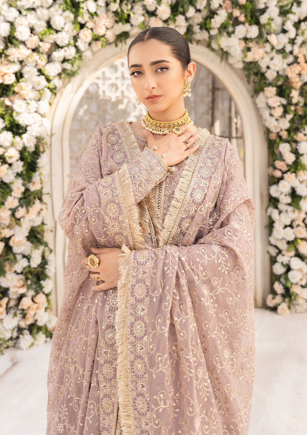 Aik Atelier Formals Vol-1 24 Look 2 – Tea Pink Pakistani Dress with intricate embroidery and embellishments. Shop elegant Asian dresses at Maria Faisal.