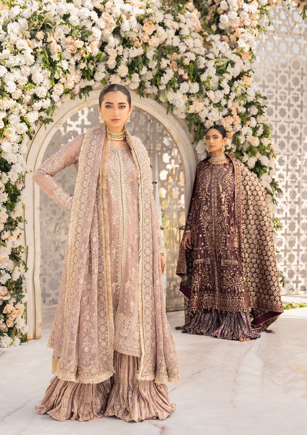Aik Atelier Formals Vol-1 24 Look 2 – Tea Pink Pakistani Dress with intricate embroidery and embellishments. Shop elegant Asian dresses at Maria Faisal.