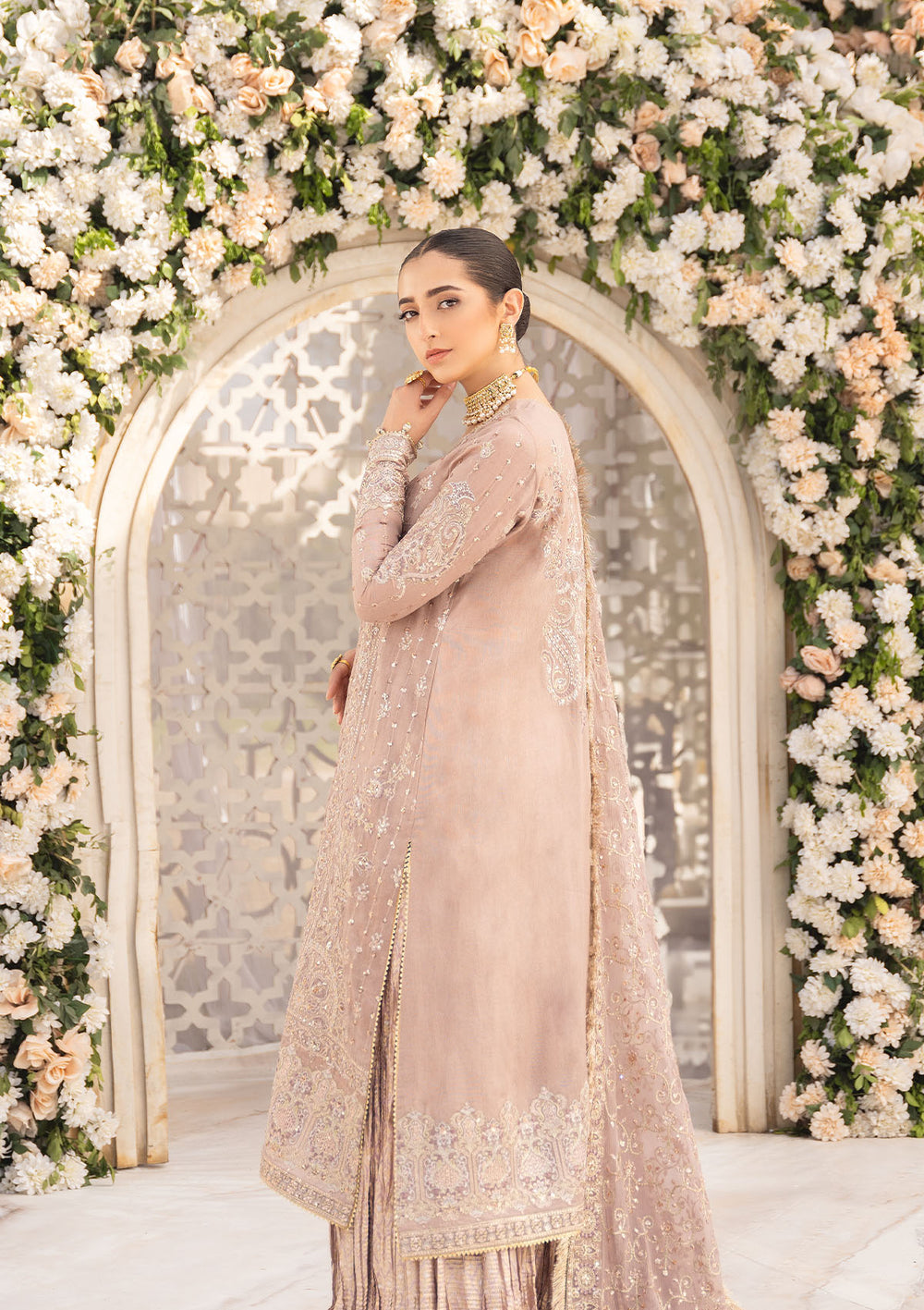 Aik Atelier Formals Vol-1 24 Look 2 – Tea Pink Pakistani Dress with intricate embroidery and embellishments. Shop elegant Asian dresses at Maria Faisal.