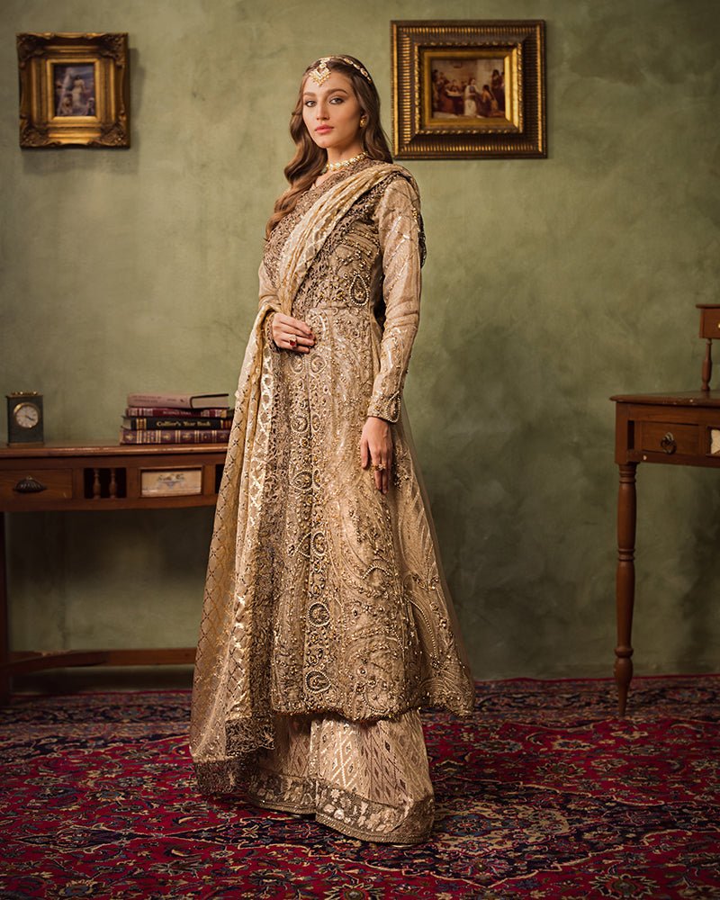 Ain | Aroosh Luxury Formals 24 | AR-77 SAIBA (Gold) - Designer Dress with Intricate embroidery and embellishments. Shop elegent wedding dress at Maria Faisal.