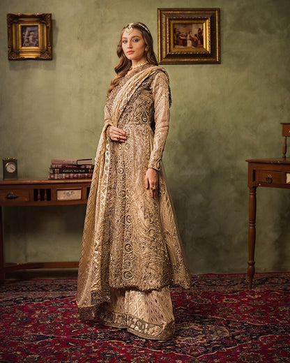 Ain | Aroosh Luxury Formals 24 | AR-77 SAIBA (Gold) - Designer Dress with Intricate embroidery and embellishments. Shop elegent wedding dress at Maria Faisal.