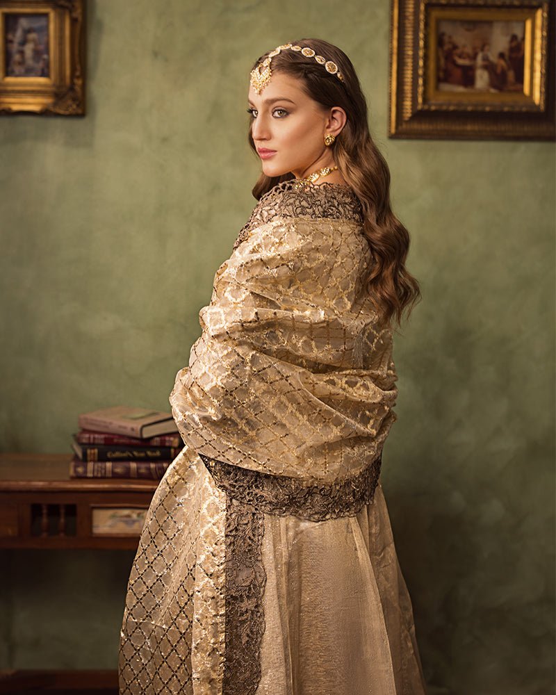 Ain | Aroosh Luxury Formals 24 | AR-77 SAIBA (Gold) - Designer Dress with Intricate embroidery and embellishments. Shop elegent wedding dress at Maria Faisal.