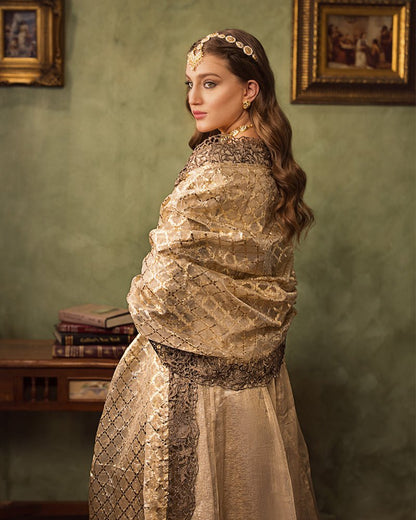 Ain | Aroosh Luxury Formals 24 | AR-77 SAIBA (Gold) - Designer Dress with Intricate embroidery and embellishments. Shop elegent wedding dress at Maria Faisal.