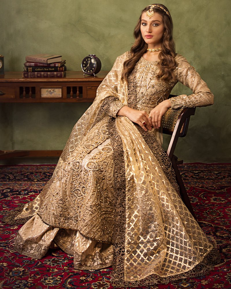 Ain | Aroosh Luxury Formals 24 | AR-77 SAIBA (Gold) - Designer Dress with Intricate embroidery and embellishments. Shop elegent wedding dress at Maria Faisal.