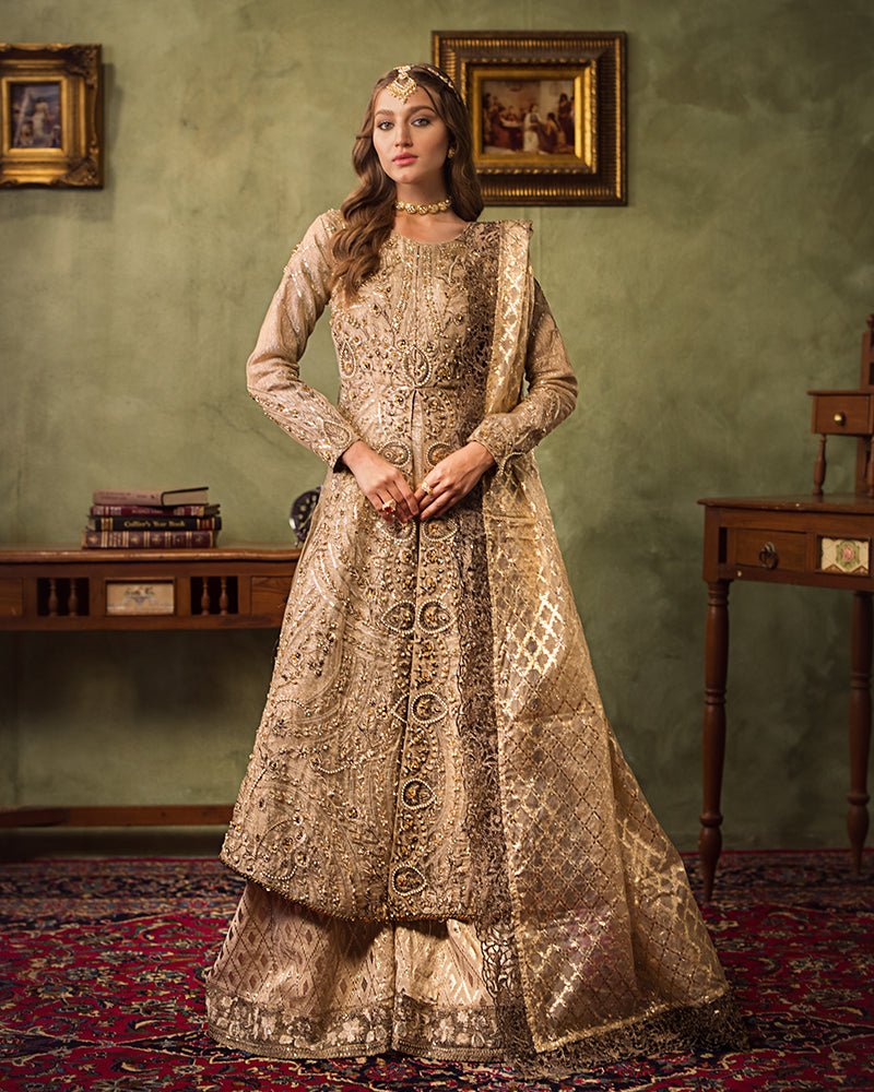 Ain | Aroosh Luxury Formals 24 | AR-77 SAIBA (Gold) - Designer Dress with Intricate embroidery and embellishments. Shop elegent wedding dress at Maria Faisal.