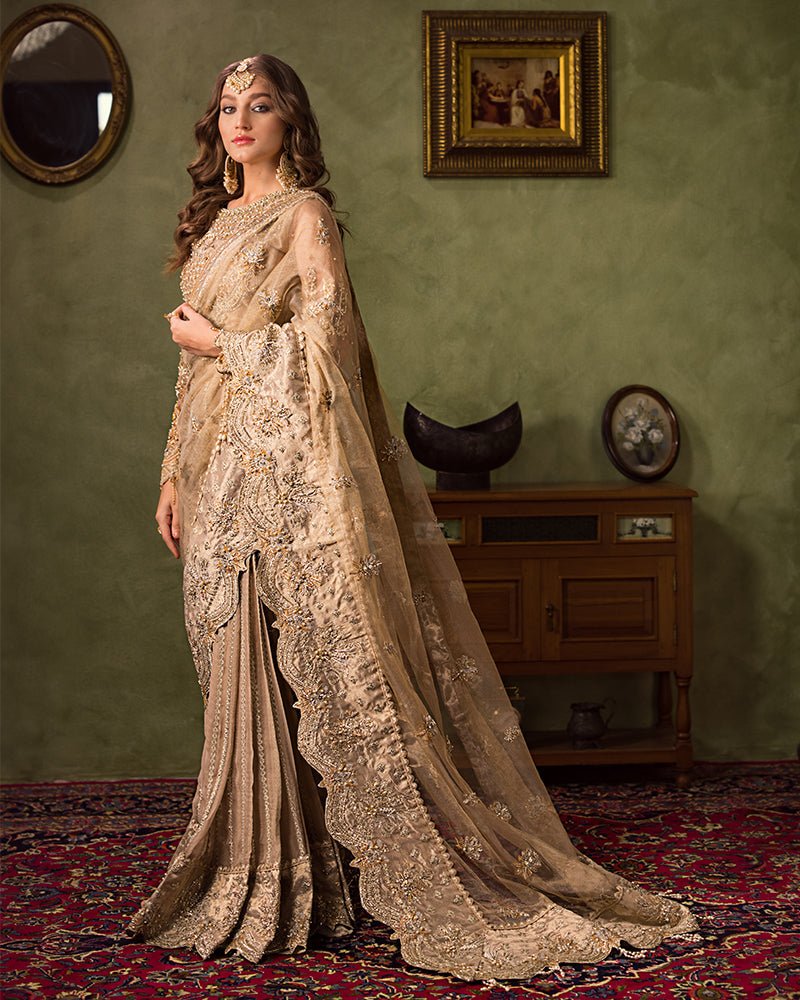 Ain | Aroosh Luxury Formals 24 | AR-82 NAZNEEN (Gold) - Designer Dress with Intricate embroidery and embellishments. Shop elegent wedding dress at Maria Faisal.