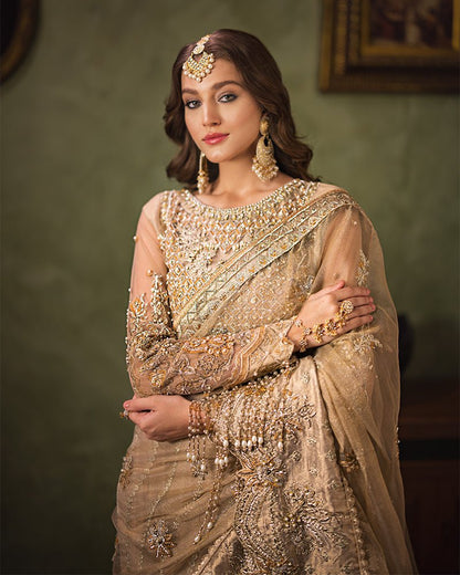 Ain | Aroosh Luxury Formals 24 | AR-82 NAZNEEN (Gold) - Designer Dress with Intricate embroidery and embellishments. Shop elegent wedding dress at Maria Faisal.