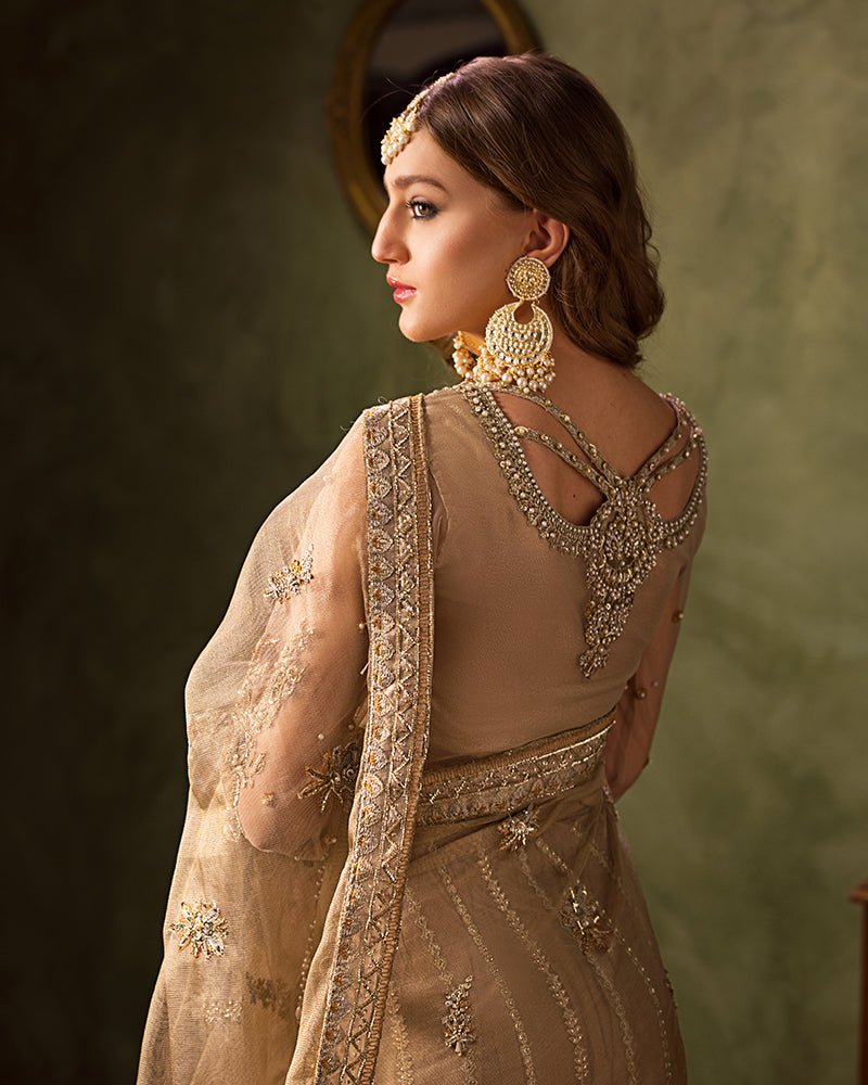 Ain | Aroosh Luxury Formals 24 | AR-82 NAZNEEN (Gold) - Designer Dress with Intricate embroidery and embellishments. Shop elegent wedding dress at Maria Faisal.