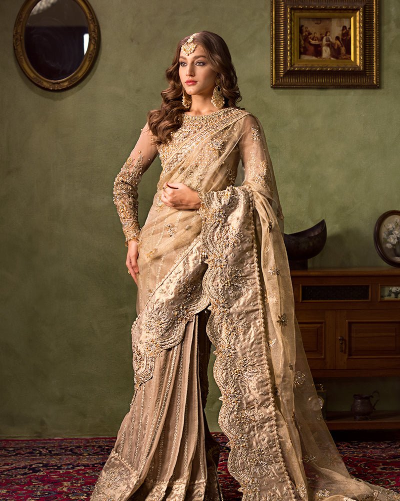 Ain | Aroosh Luxury Formals 24 | AR-82 NAZNEEN (Gold) - Designer Dress with Intricate embroidery and embellishments. Shop elegent wedding dress at Maria Faisal.