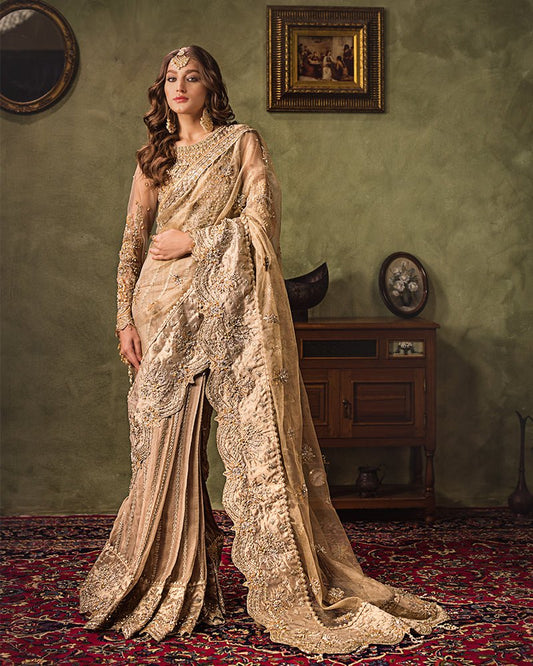 Ain | Aroosh Luxury Formals 24 | AR-82 NAZNEEN (Gold) - Designer Dress with Intricate embroidery and embellishments. Shop elegent wedding dress at Maria Faisal.