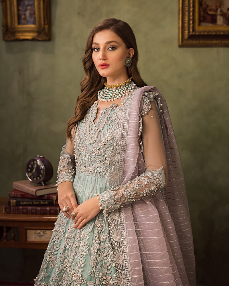 Ain | Aroosh Luxury Formals 24 | AR-89 CHASHM (Aqua Blue) - Designer Dress with Intricate embroidery and embellishments. Shop elegent wedding dress at Maria Faisal.