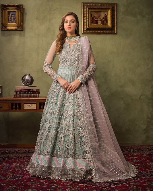 Ain | Aroosh Luxury Formals 24 | AR-89 CHASHM (Aqua Blue) - Designer Dress with Intricate embroidery and embellishments. Shop elegent wedding dress at Maria Faisal.