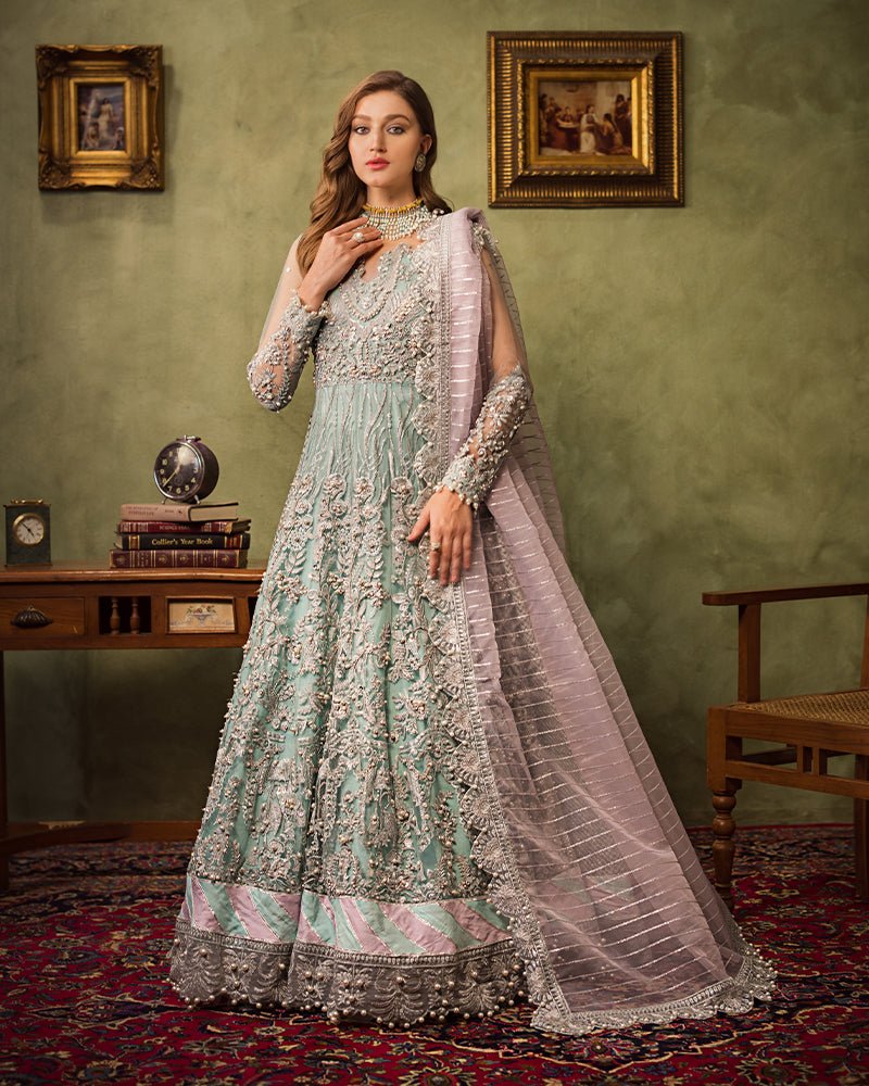 Ain | Aroosh Luxury Formals 24 | AR-89 CHASHM (Aqua Blue) - Designer Dress with Intricate embroidery and embellishments. Shop elegent wedding dress at Maria Faisal.