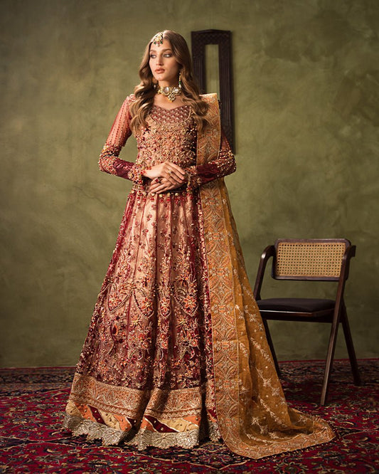 Ain | Aroosh Luxury Formals 24 | AR-90 MAH-E-ROOH (Maroon) - Designer Dress with Intricate embroidery and embellishments. Shop elegent wedding dress at Maria Faisal.