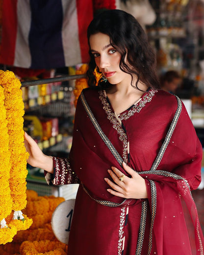 Ain | Prestige Festive Edit | AN - 142 F - is Maroon dress from Ain - Ladies Clothes - Maria Faisal