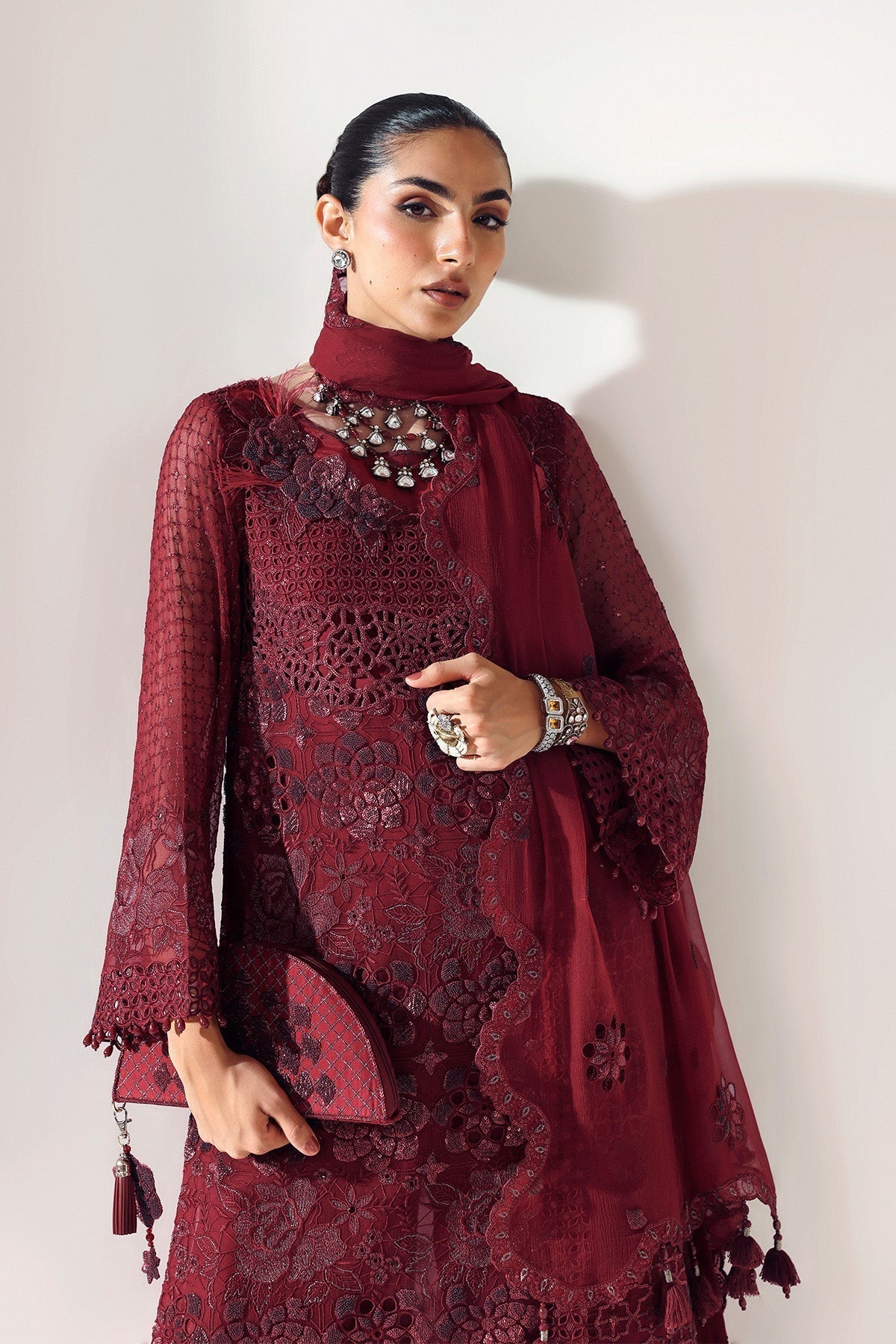 Alizeh | Aymal Luxury Bamber Chiffon | RIKA MAROON - Formal Wear - available at Maria Faisal in UK and USA