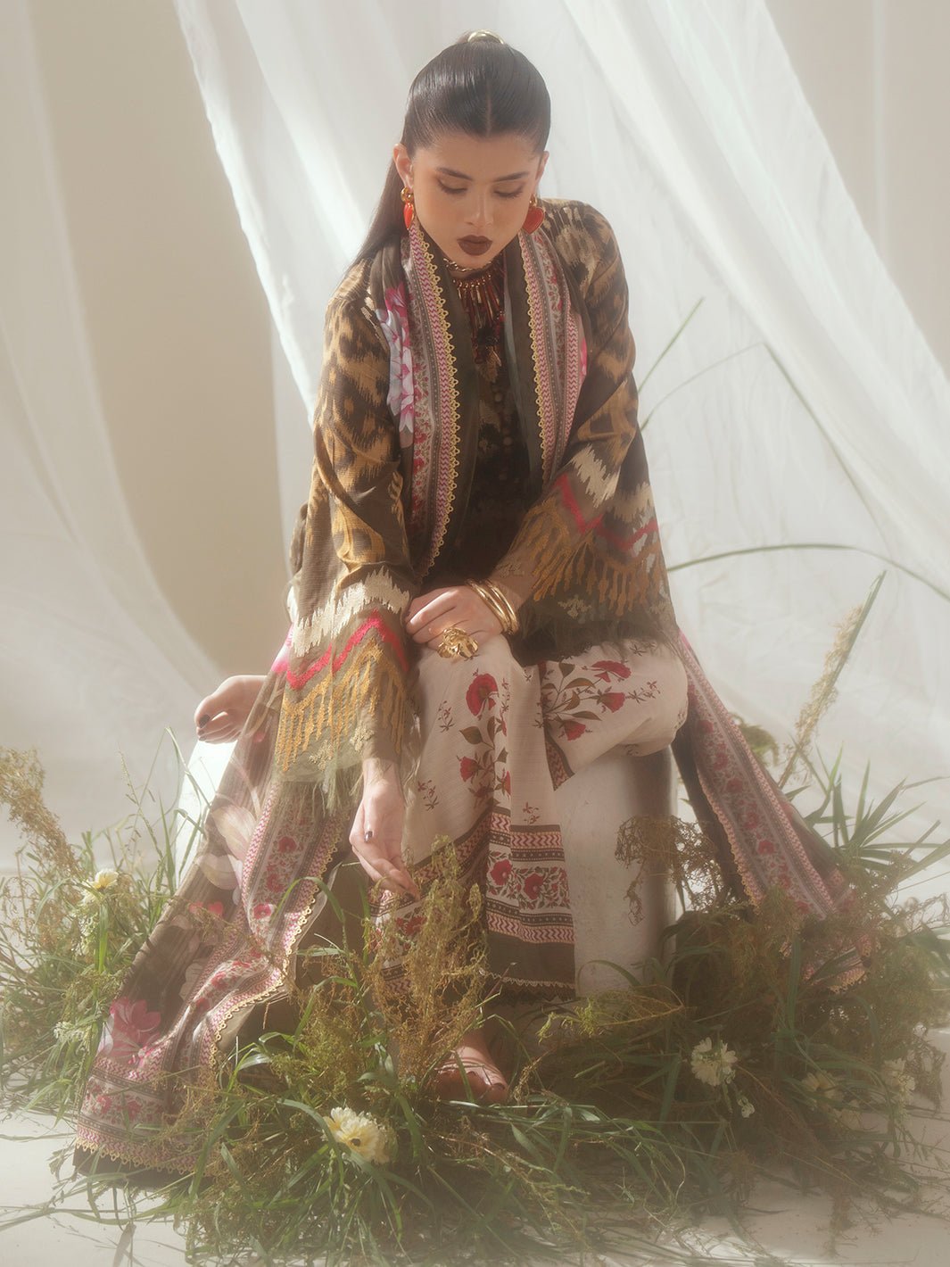 Bin Ilyas | Eres Bonita Viscose 25 | 1102 - B - is Olive Green dress from Bin Ilyas - Ladies Clothes - Maria Faisal