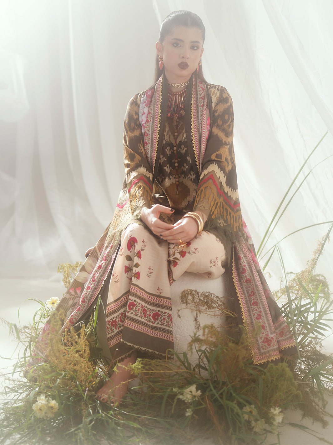 Bin Ilyas | Eres Bonita Viscose 25 | 1102 - B - is Olive Green dress from Bin Ilyas - Ladies Clothes - Maria Faisal