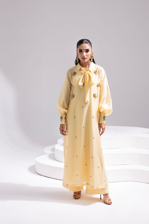 Amani | Aira Festive Wear | ALARA- Hand Embellished Butter Silk Shirt with Wide-Leg Trousers - Ladies Clothes - Maria Faisal