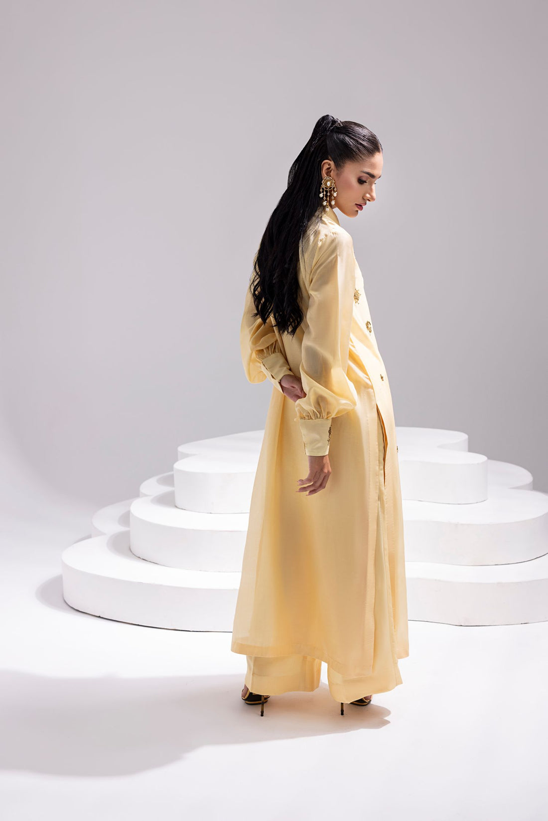 Amani | Aira Festive Wear | ALARA- Hand Embellished Butter Silk Shirt with Wide-Leg Trousers - Ladies Clothes - Maria Faisal