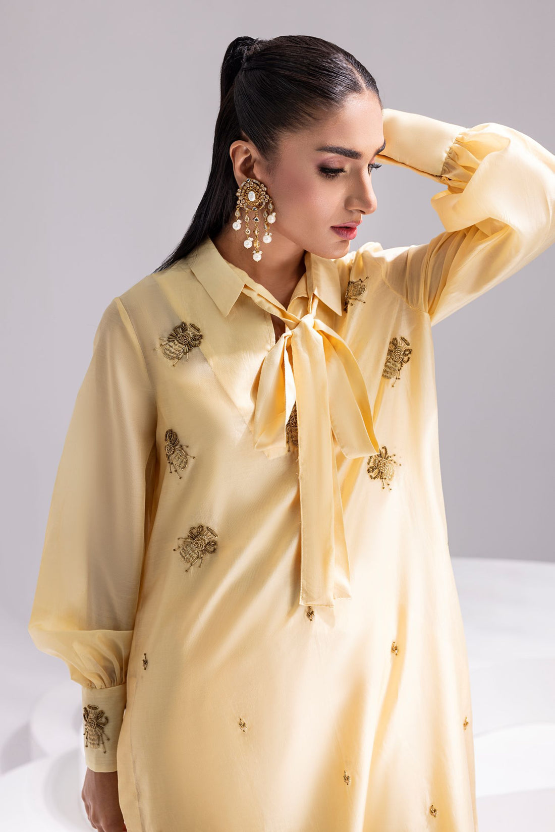 Amani | Aira Festive Wear | ALARA- Hand Embellished Butter Silk Shirt with Wide-Leg Trousers - Ladies Clothes - Maria Faisal