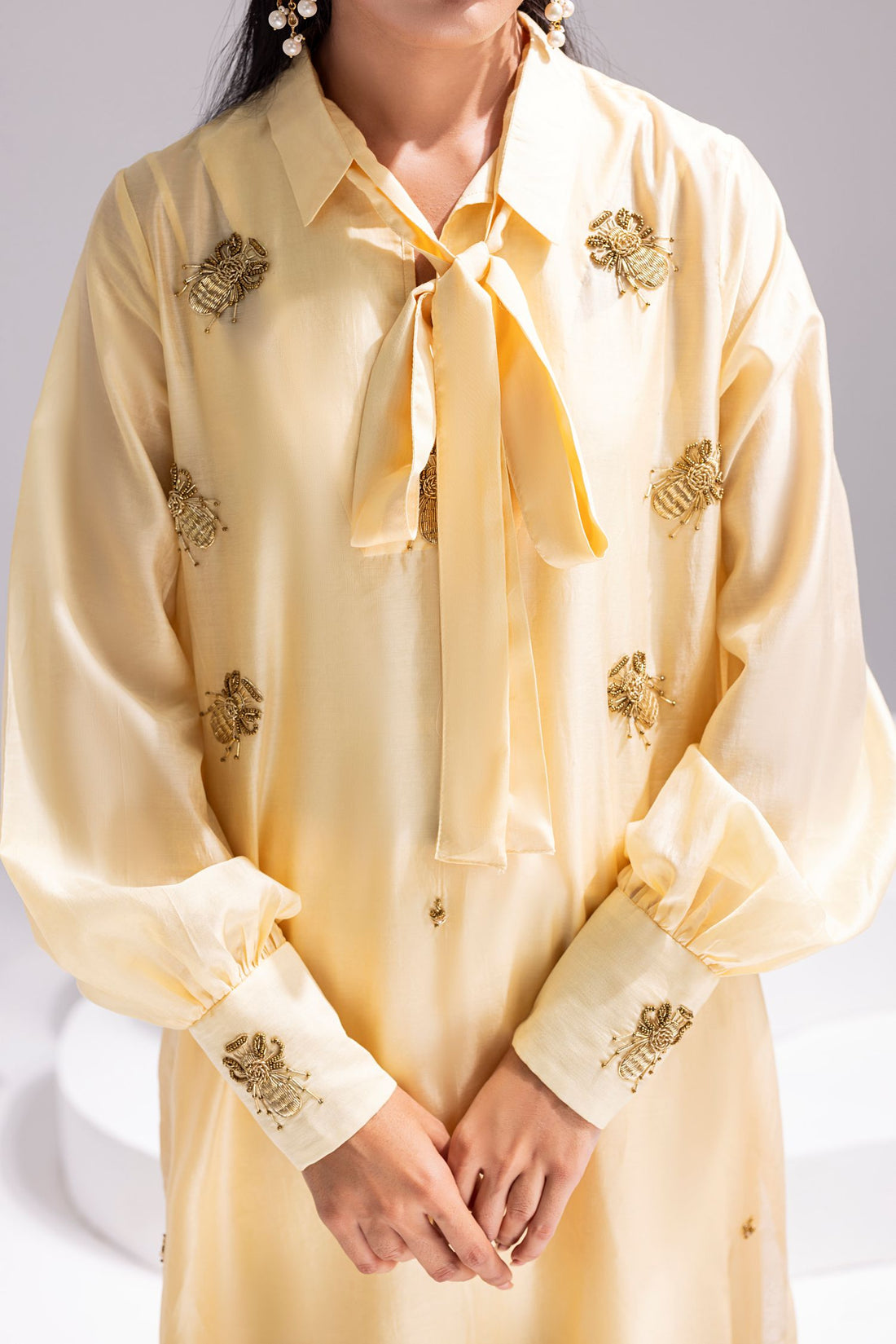 Amani | Aira Festive Wear | ALARA- Hand Embellished Butter Silk Shirt with Wide-Leg Trousers - Ladies Clothes - Maria Faisal