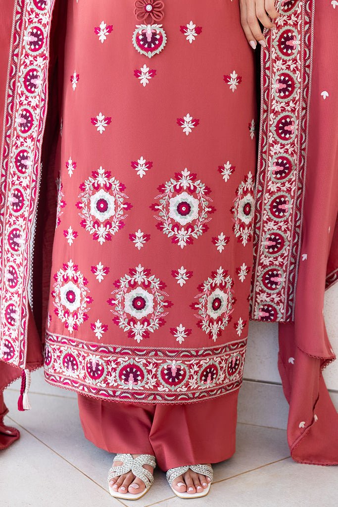 Cross Stitch | Cotton Satin 25 | DUSTY SUNSET - is Coral Red dress from Cross Stitch - Ladies Clothes - Maria Faisal