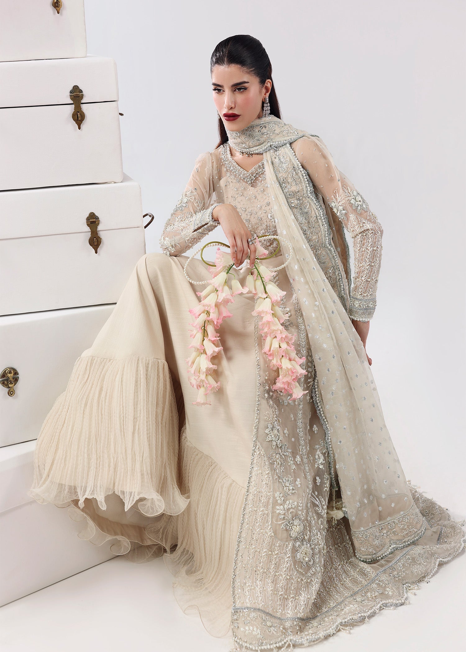 Sardinia | Lamore Luxury Handwork Edit 25 | Pearl Mist - Wedding Dress - available at Maria Faisal in UK and USA.
