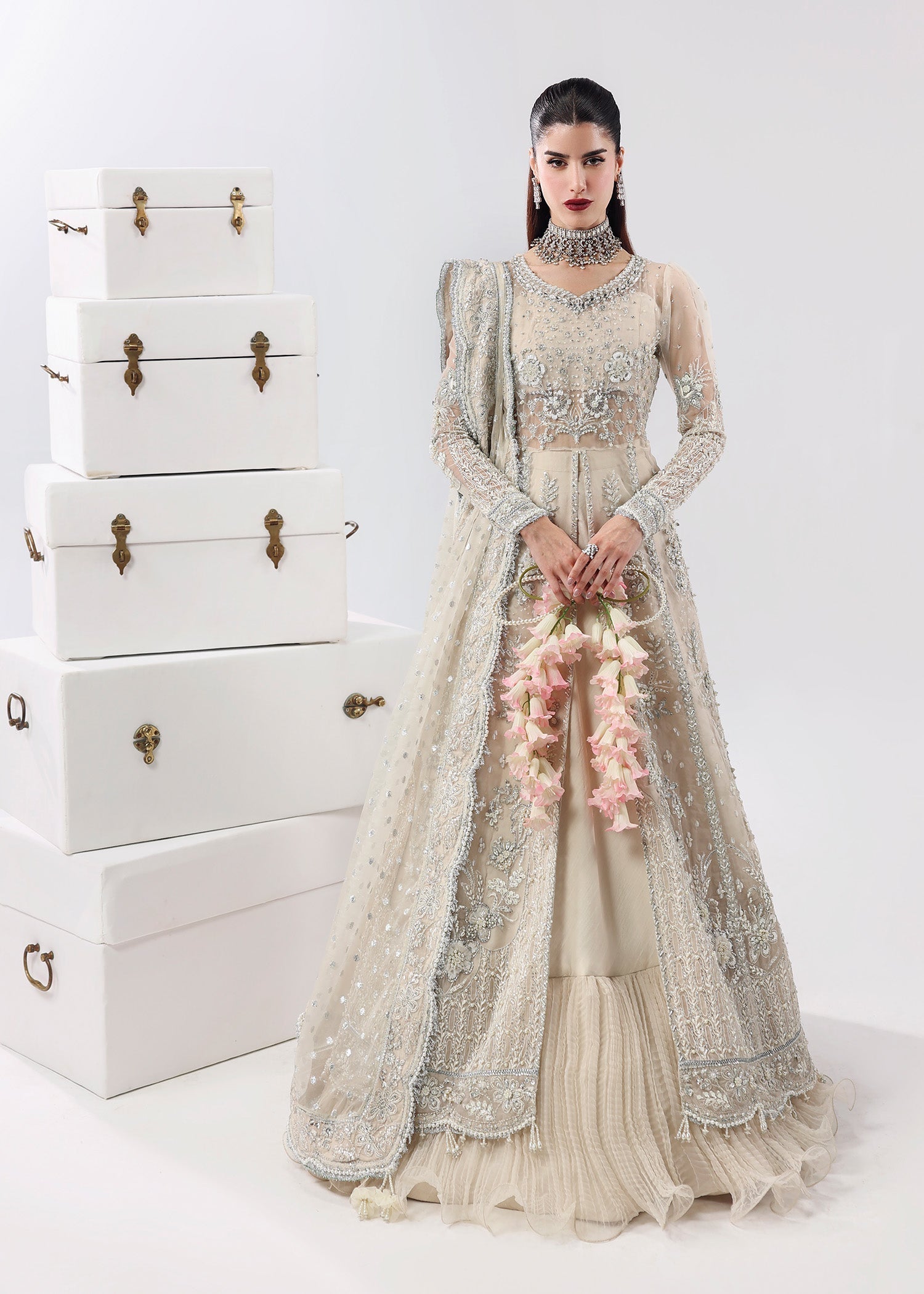 Sardinia | Lamore Luxury Handwork Edit 25 | Pearl Mist - Wedding Dress - available at Maria Faisal in UK and USA.