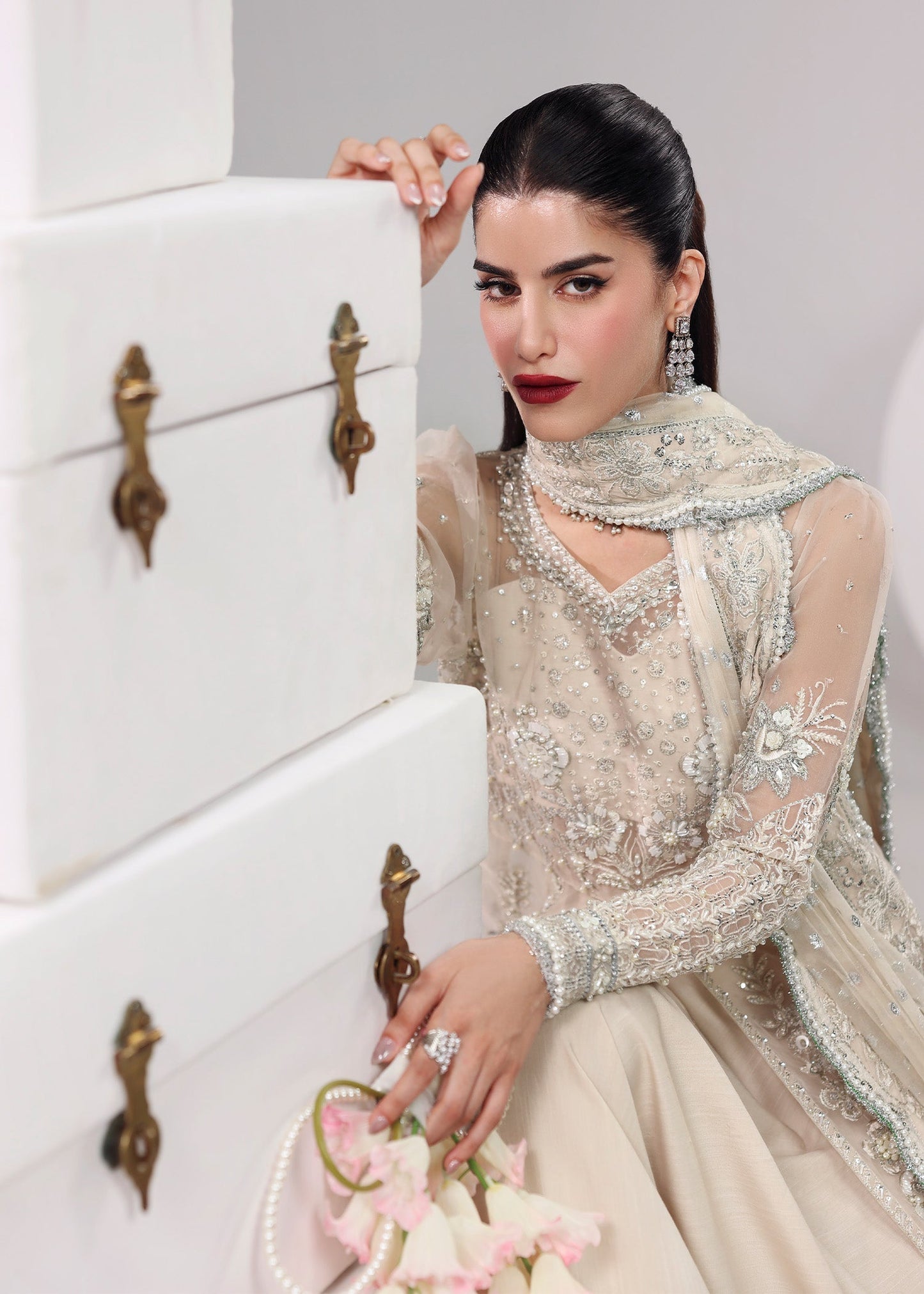 Sardinia | Lamore Luxury Handwork Edit 25 | Pearl Mist - Wedding Dress - available at Maria Faisal in UK and USA.