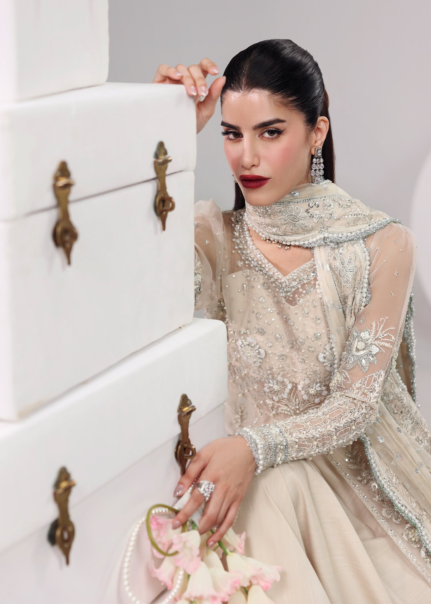 Sardinia | Lamore Luxury Handwork Edit 25 | Pearl Mist - Wedding Dress - available at Maria Faisal in UK and USA.