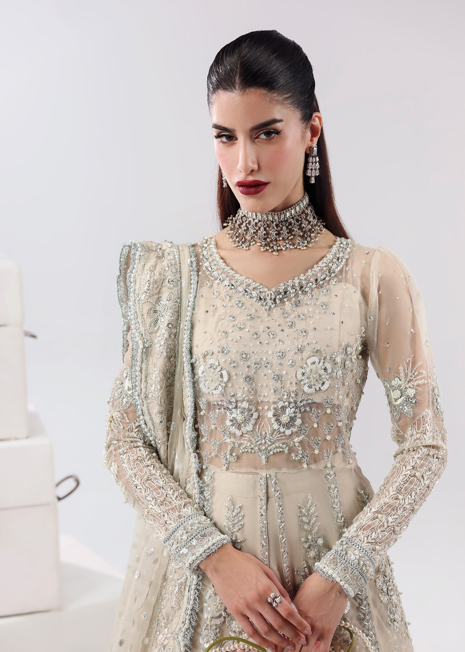 Sardinia | Lamore Luxury Handwork Edit 25 | Pearl Mist - Wedding Dress - available at Maria Faisal in UK and USA.