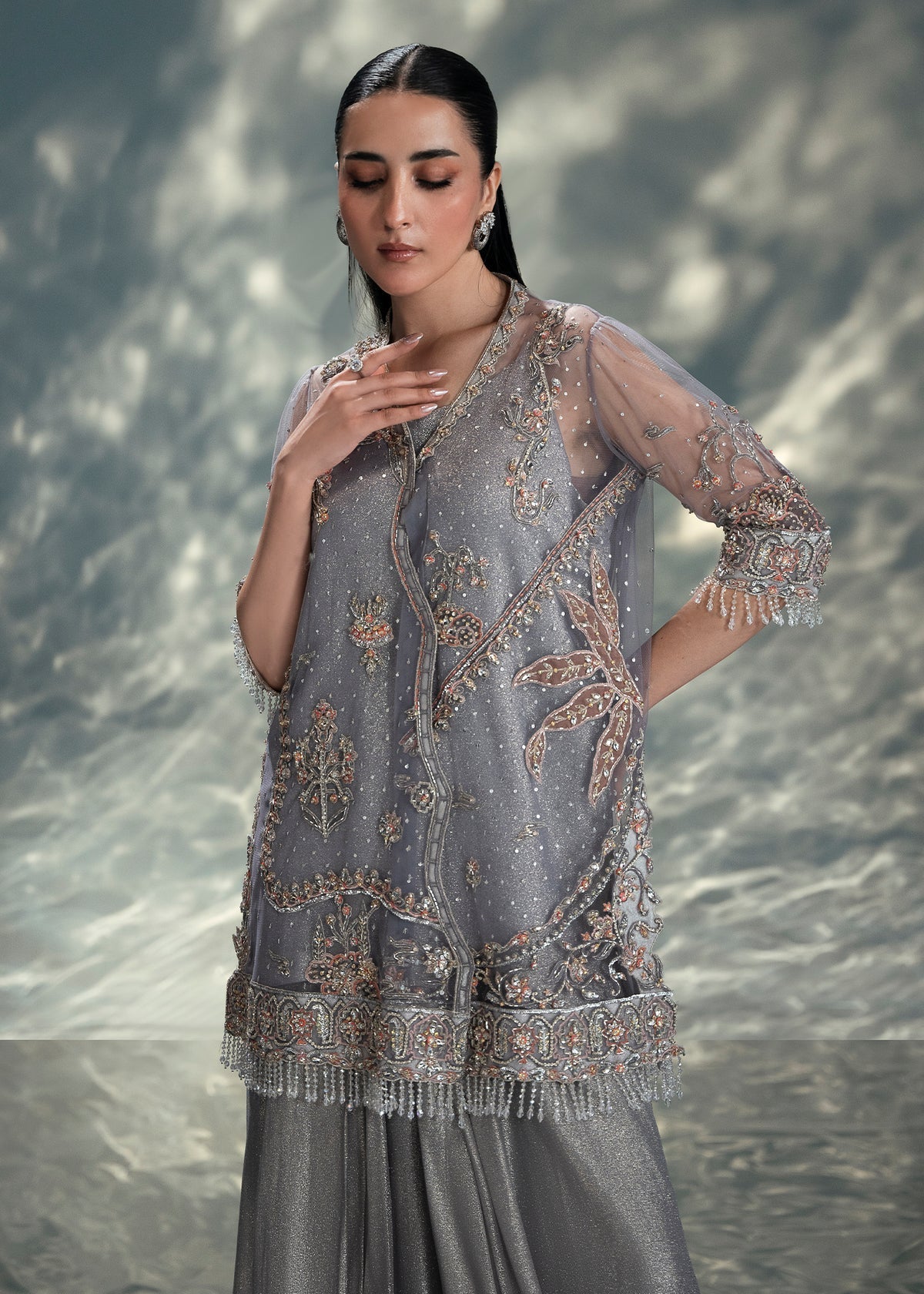 Jeem | Celestial Luxe Formals | DUSTY GREY - Formal Dress - available at Maria Faisal in UK and USA.