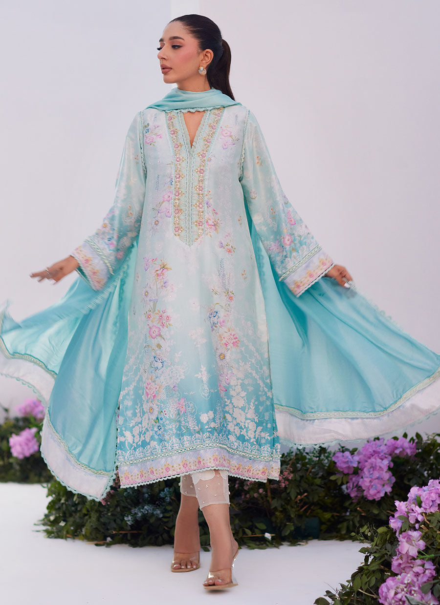 Farah Talib Aziz | Zaza Prints 24 | CYAN OMBRE SHIRT AND DUPATTA - Ladies Clothes - Maria Faisal