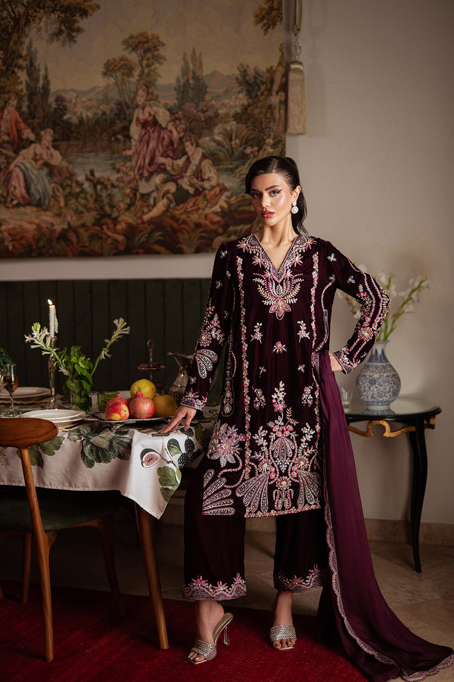 Burgundy Embroidered Velvet Shirt With Plazo - Saira Rizwan | Velvet ...