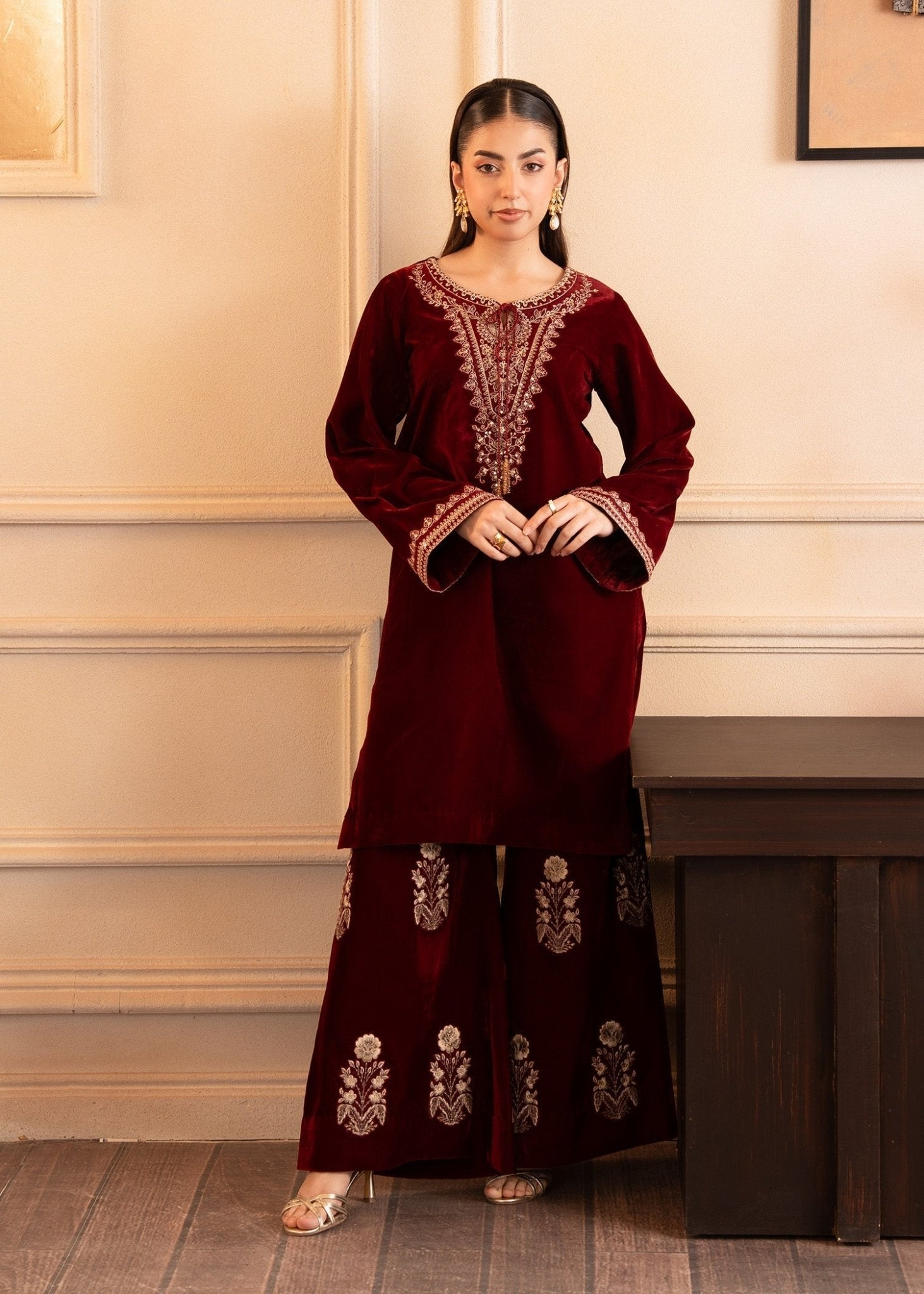 Fozia Khalid | The Velvet Rise 25 | CRIMSON GRACE - Formal Dress - available at Maria Faisal in UK and USA.