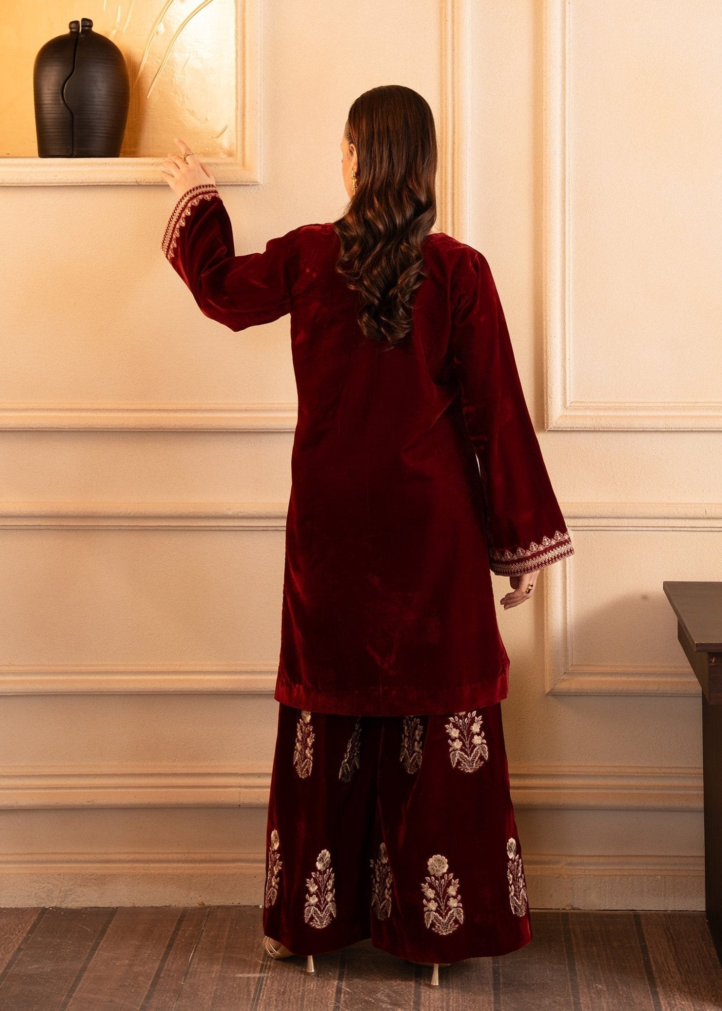 Fozia Khalid | The Velvet Rise 25 | CRIMSON GRACE - Formal Dress - available at Maria Faisal in UK and USA.