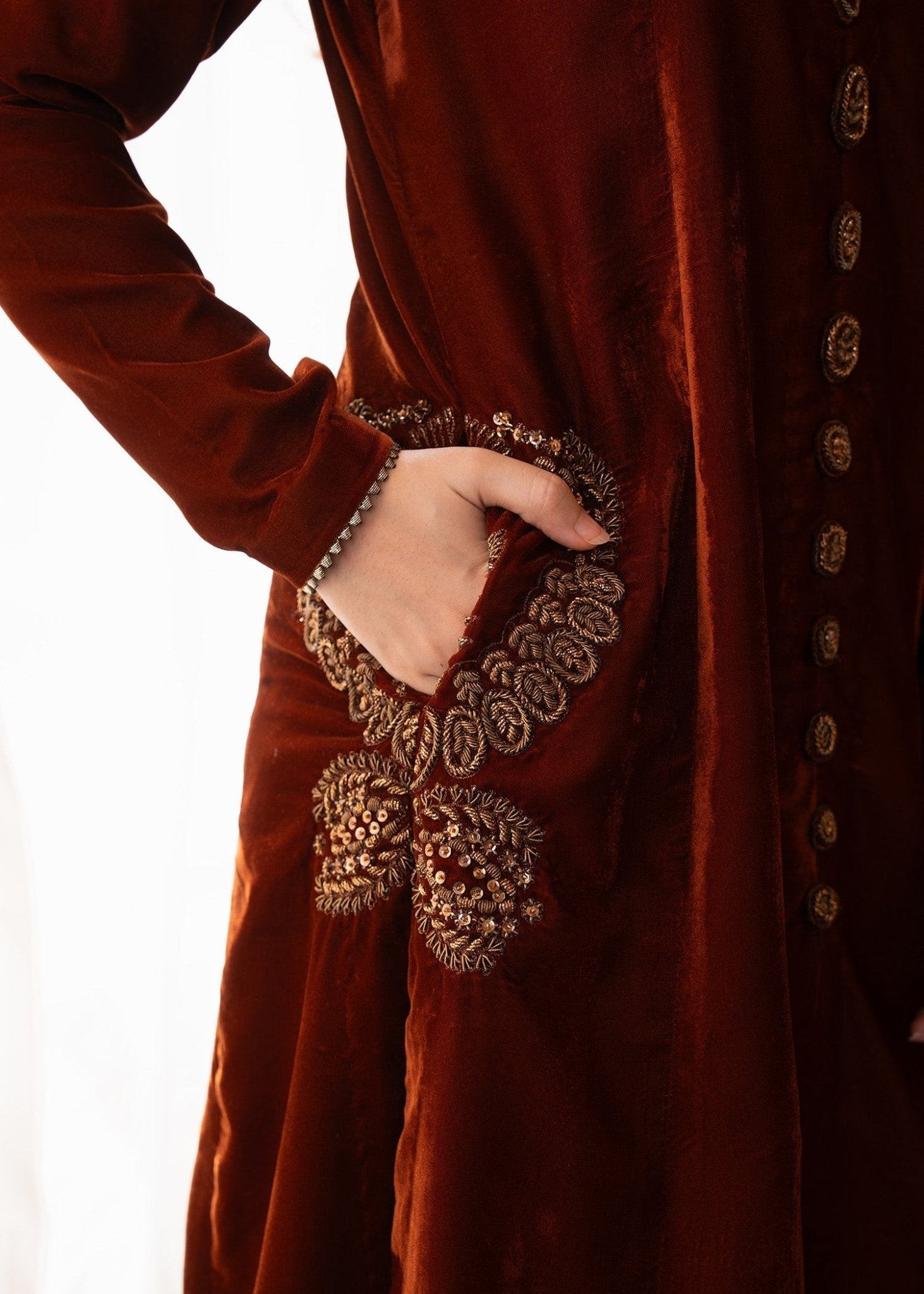 Fozia Khalid | The Velvet Rise 25 | MOCHA LUXE - Formal Dress - available at Maria Faisal in UK and USA.
