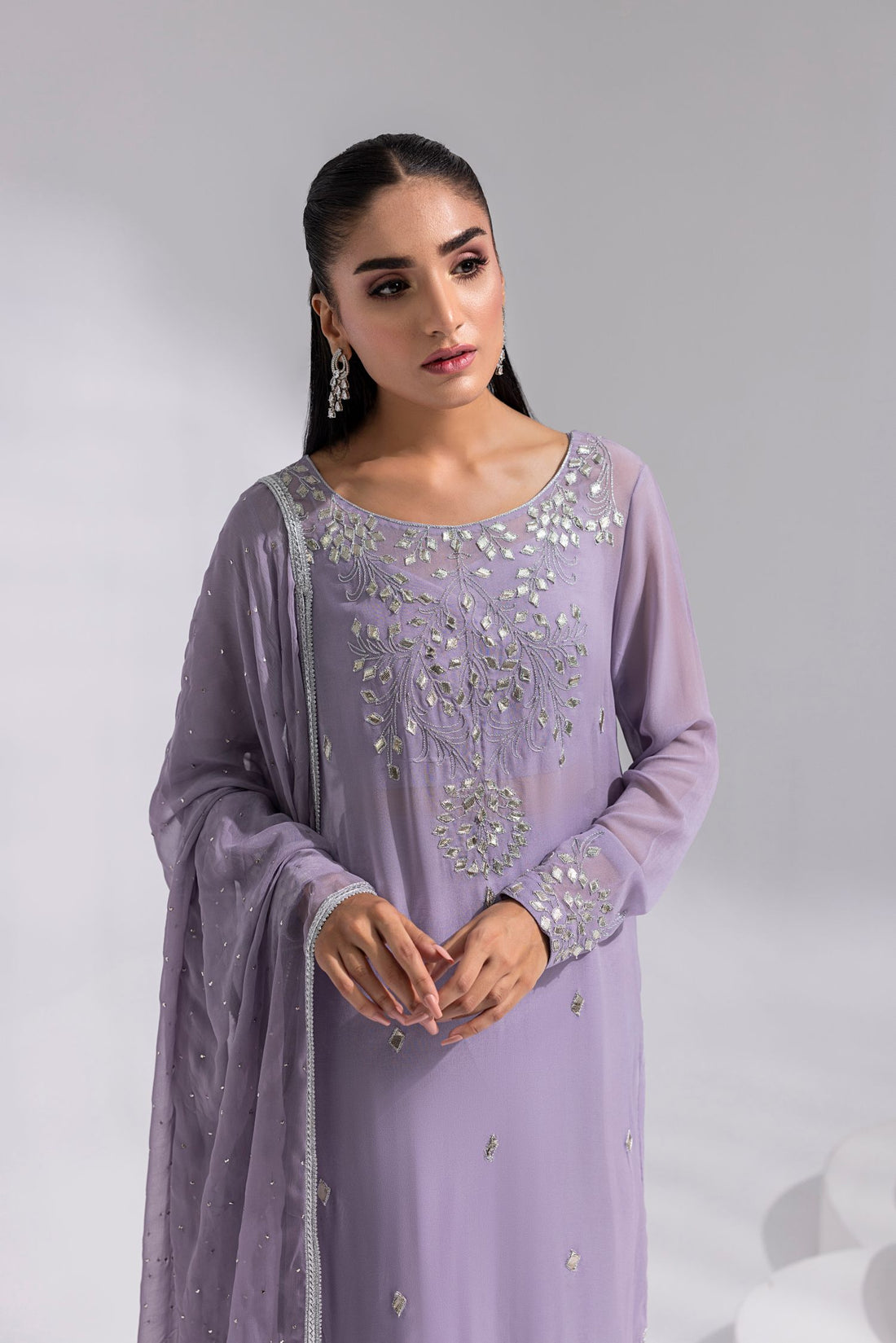 Amani | Aira Festive Wear | ZARIN Gota Embellished Georgette Shirt with Wide-Leg Pants & Mukesh Dupatta - Ladies Clothes - Maria Faisal