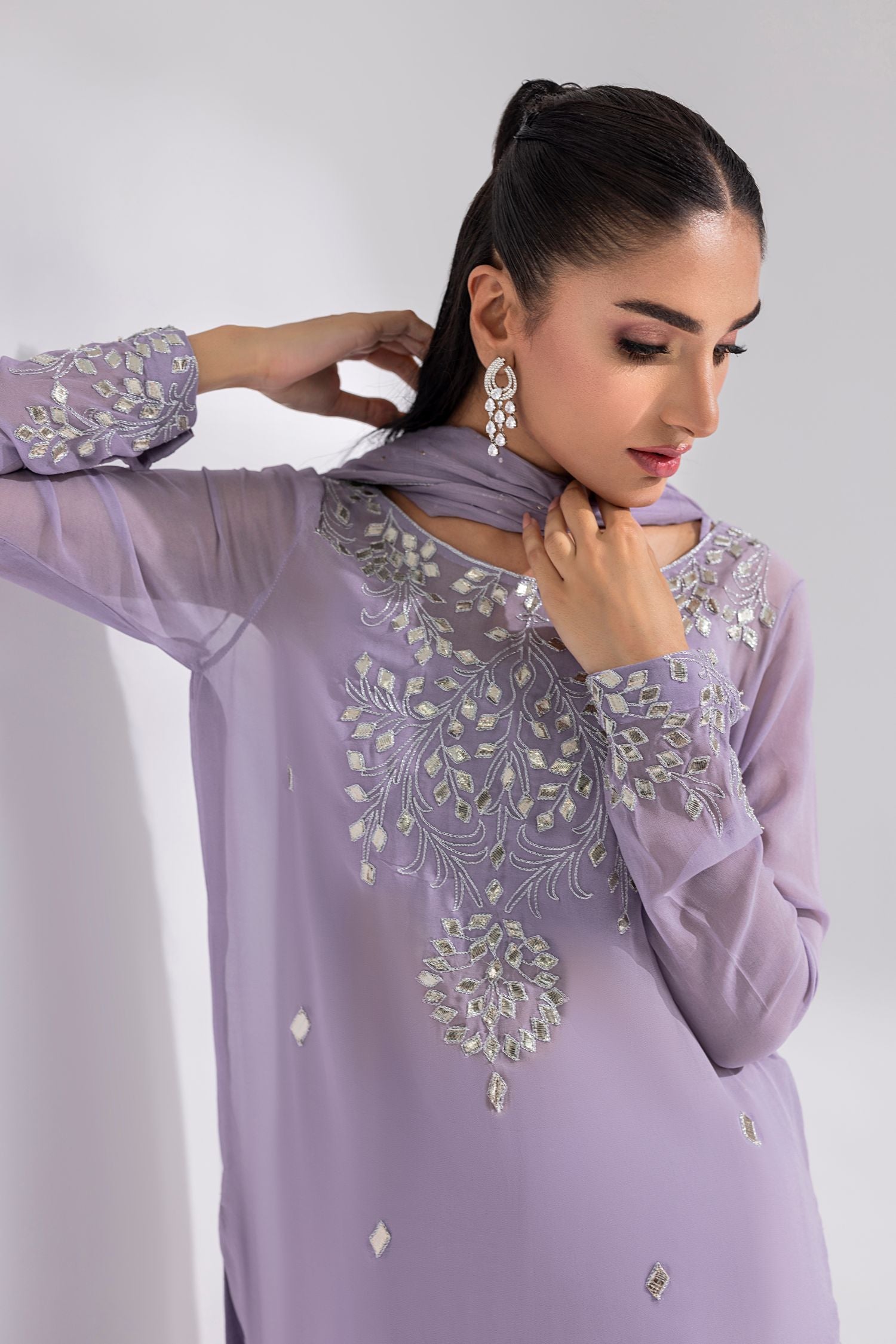 Amani | Aira Festive Wear | ZARIN Gota Embellished Georgette Shirt with Wide-Leg Pants & Mukesh Dupatta - Ladies Clothes - Maria Faisal
