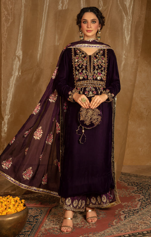 Maya | Raazi Velvet 24 | IBAARAT - Designer Dress with Intricate embroidery and embellishments. Shop elegent wedding dress at Maria Faisal.