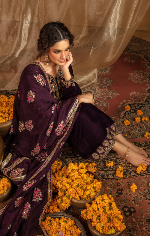 Maya | Raazi Velvet 24 | IBAARAT - Designer Dress with Intricate embroidery and embellishments. Shop elegent wedding dress at Maria Faisal.