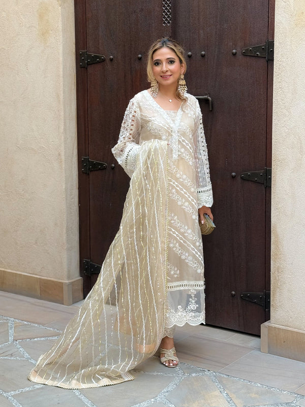 Layla Chatoor | Luxury Pret | Off-White Chikankari Set - Luxury Dress - available at Maria Faisal in UK and USA.