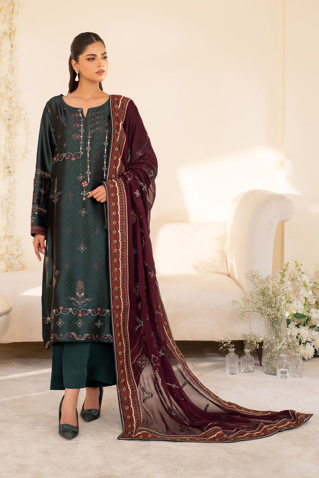 Iznik | Festive Formal | UE - 435 Embroidered Pure silk - is Deep Green dress from Iznik - Ladies Clothes - Maria Faisal
